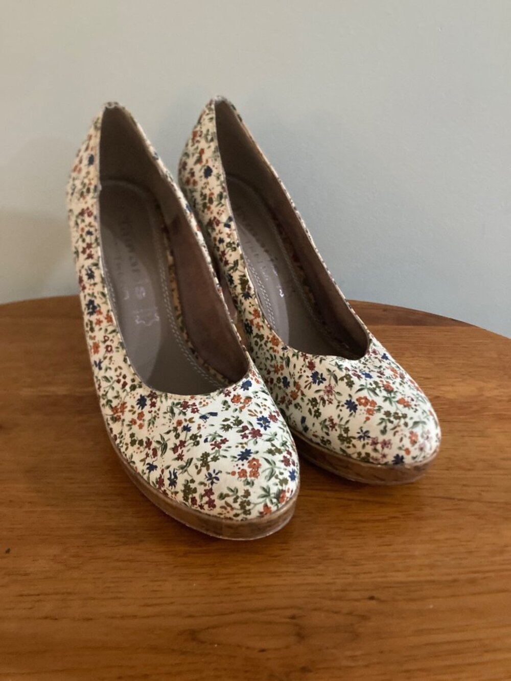 Tamaris Floral High Heels With Cork Platform & Heel - Size 38 EU Cottagecore